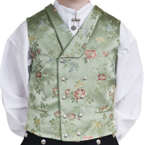 Lysegrønn brokadevest med sølvknapper og bomullskjorte..
